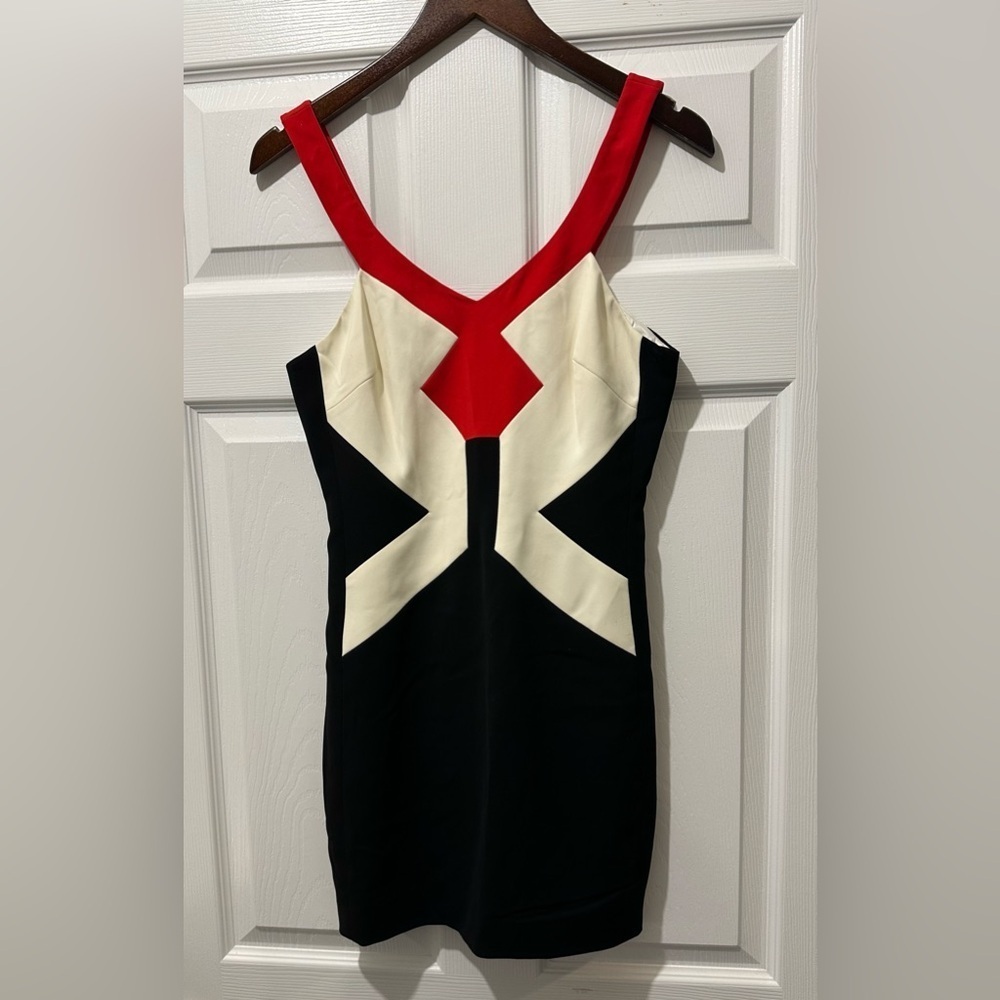 JAY GODFREY Size 4 S Red Black Ivory Geometric Cocktail Pencil Dress R $345 - Picture 3 of 11